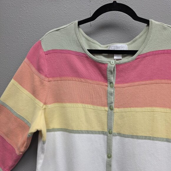 CJ Banks Cardigan Sweater Womens 1X Plus Pastel Stripe Button Front 3/4 Sleeve - Picture 2 of 10